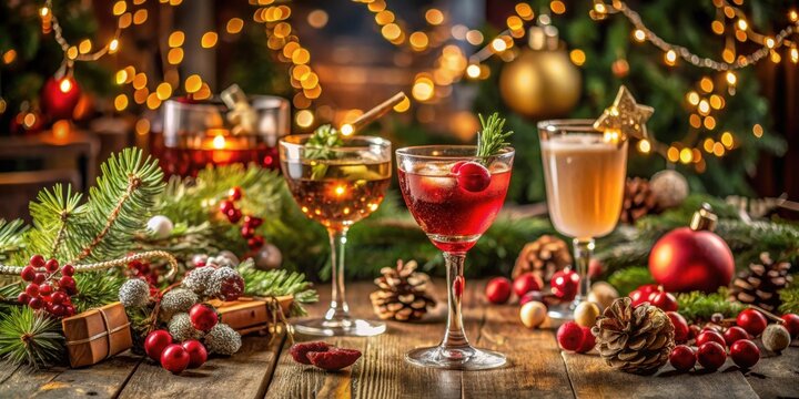 Festive Christmas drinks surrounded by holiday decorations, Christmas, drinks, festive, decorations, holidays, celebration