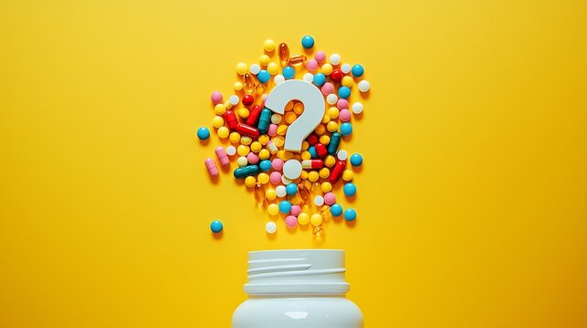 Colorful capsules and pills with a question mark on a vibrant yellow background.