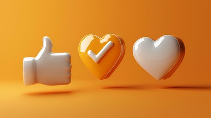 Colorful 3D icons showcasing approval and love symbols on an orange background.