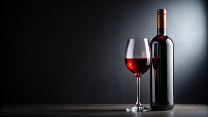 Bottle of wine and wine glass on black background, wine, alcohol, drink, celebration, red, glass, beverage