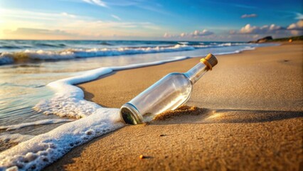 Message in a bottle lying on the sandy beach shore , beach, sand, message, bottle, communication, coast, ocean