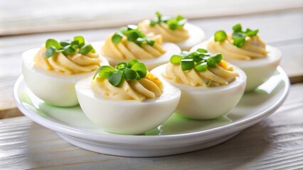 Boiled egg halves topped with mayonnaise and green onions on a white plate, food, boiled eggs, mayonnaise, condiments