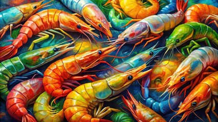 Vibrant oil painting of abstract cubism with colorful prawns , art, oil painting, cubism, creative, colorful, prawns