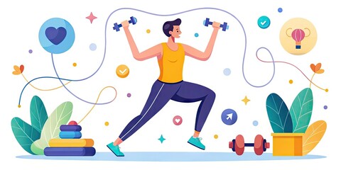 Obraz premium Vibrant, minimalist illustration of a fitness enthusiast exercising with dumbbells, jump rope, and yoga mat, surrounded by motivational icons and abstract shapes in bold colors.