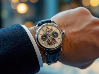 A stylish man s wrist adorned with a classic tourbillon watch