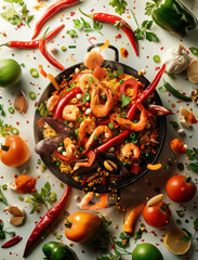 Artistic Presentation of Floating Paella Ingredients in Spanish Cuisine Close Up
