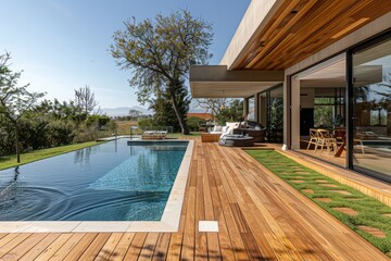 Modern wooden deck featuring an in-ground pool and lawn in Cape Town, providing an open space for kids to play, with a tree against a blue sky.