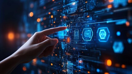 Hand Interacting with a Futuristic Digital Interface