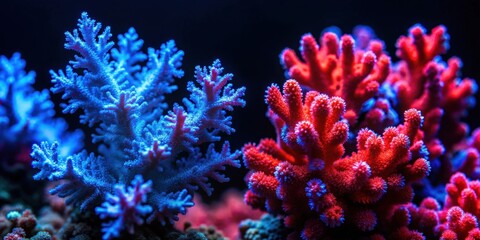 Fototapeta premium Abstract blur red and blue coral in a black background, coral, abstract, blur, red, blue, underwater, marine, nature