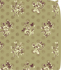 A  pattern of stylized flowers in white, brown, and violet, on a green background with brown polka dots.