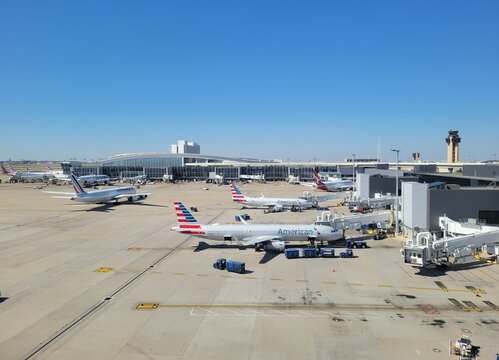 Exterior view of American Airlines aircraft at Dallas Ft. Worth International Airport - Dallas, Texas, USA