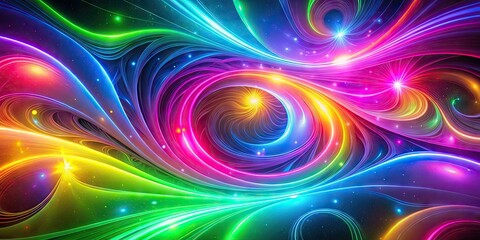 Fototapeta premium Vibrant neon swirls of pink, green, blue, and yellow hues merge to create a mesmerizing, futuristic, and abstract background with a hypnotic glow.