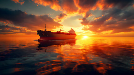 Naklejka premium The wide-angle shot of a cargo ship at sea, with the sun setting in a blaze of color, casting long reflections on the water and creating a grand