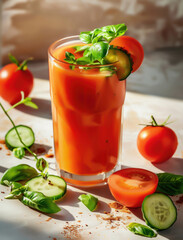 Mediterranean gazpacho soup with fresh basil and tomato in bright sunlight