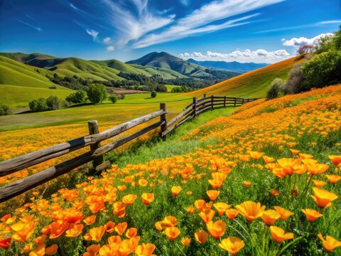 Vibrant orange and yellow babilla flowers bloom in a lush green meadow, surrounded by rustic wooden fences and rolling hills under a bright blue sky.