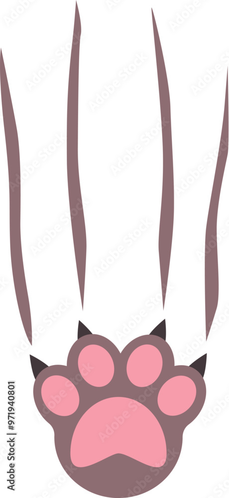 Poster cartoon illustration of a cat paw print with claws extended leaving visible scratch marks