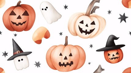 Fototapeta premium Happy Halloween Watercolor Seamless Pattern: A whimsical and festive Halloween pattern featuring charming watercolor pumpkins, ghosts, and witch hats. 