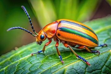 Fototapeta premium Vibrant orange beetle with iridescent elytra and intricate black stripes perches on a delicate green leaf amidst a subtle, blurred natural background.