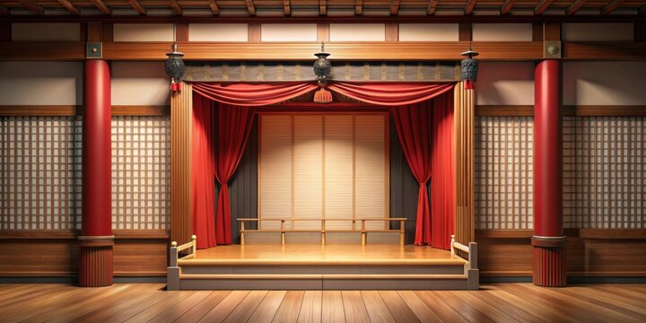 Traditional Japanese Noh stage with red curtain and wooden pillars, Japanese, Noh, stage, traditional