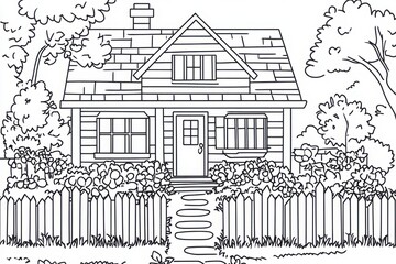 Obraz premium Cozy Cottage Coloring Page with Garden