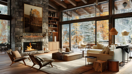 Cozy modern living room with a large stone fireplace, deep armchairs, and natural materials like wool and wood.