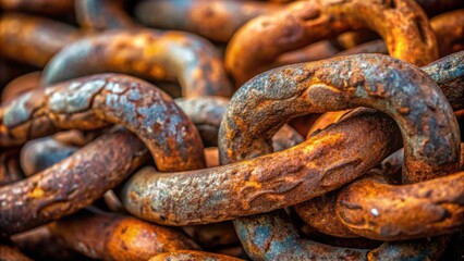 Close up shot of a very old weathered rusty chain, showcasing industrial abstract textures in macro detail, rusty chain