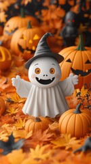 Fototapeta premium A whimsical Halloween scene featuring a ghost figurine among pumpkins and autumn leaves.