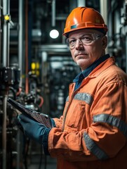 A man in an orange safety suit is holding a tablet in his hand