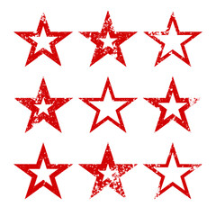 Red vintage stars with cracks and stains. Old hand-drawn sign, black simple shape. Retro design element with distressed effect, grunge texture. Vector illustration