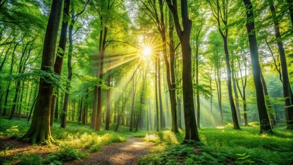 A serene forest landscape with lush green trees, sunlight filtering through the leaves, and a peaceful atmosphere , nature
