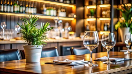 Restaurant table with glasses, plant, and bar in background, restaurant, table setting, glasses, plant, bar