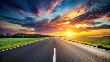 Naklejka premium Empty asphalt road running through a serene sunset sky landscape in the summertime , sunset, sky, landscape, road, empty