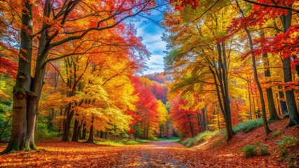 Fototapeta premium Vibrant colorful leaves in autumn forest, fall foliage, seasonal, nature, vibrant, red, orange, yellow, green, foliage