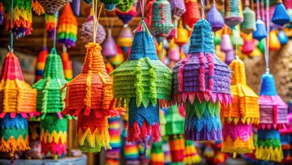 Fototapeta premium Colorful paper pinatas hanging in a Mexican market , pinatas, Mexican, market, vibrant, colors, festive, celebration