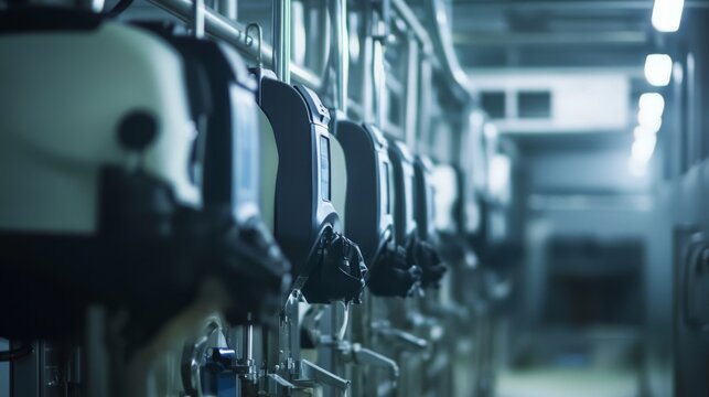 Modern dairy farming practices with high-tech equipment, close-up of the milking robot,