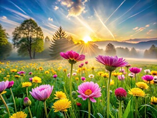 Obraz premium Vibrant pink and yellow flowers bloom in a lush green meadow, surrounded by warm sunlight and gentle morning mist, welcoming the new month of April.