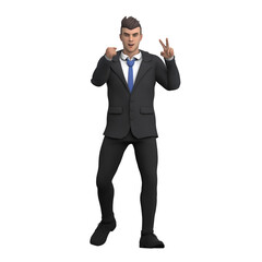 Male Lawyer 3D Professional. A male lawyer stands with a hand gesture with a victory symbol (peace sign) while clenching the other hand. Legal Cartoon