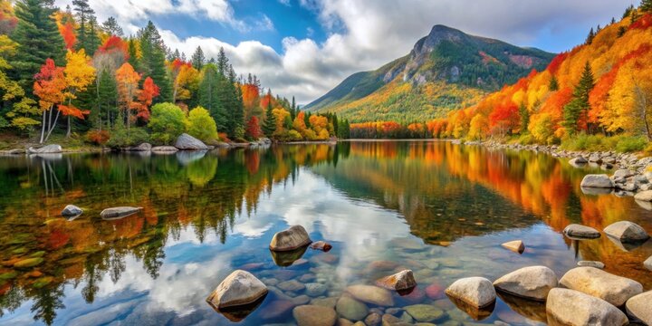 Beautiful autumn scene at Basin Pond off Chimney Pond Trail in Baxter State Park on the Appalachian Trail in Maine
