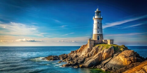 Fototapeta premium Lighthouse standing tall on a rugged rock by the sea on a sunny day, lighthouse, sea, ocean, daylight, coast