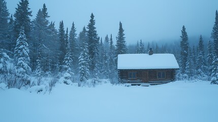 A serene winter scene featuring a cozy log cabin surrounded by dense, snow-covered pine trees.