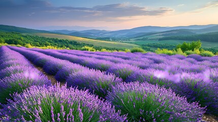 Obraz premium Vibrant lavender fields stretching across rolling hills at sunset.