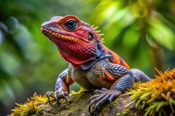 Obraz premium Vibrant red and grey scales glisten on a small, spiky lizard's back as it perches on a moss-covered rock, its piercing eyes fixed intently ahead.