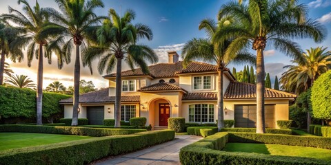 Fototapeta premium House surrounded by hedges, trees, and palm trees, home, architecture, garden, nature, landscape, greenery, exterior
