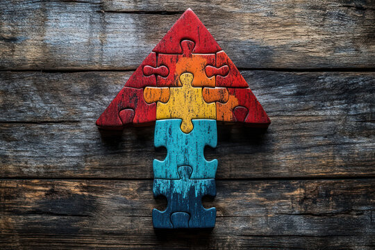 An artistic rendering of an upward pointing arrow made of colorful puzzle pieces, symbolizing growth and direction..