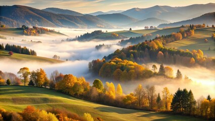 Obraz premium Autumn landscape of misty morning in Kysuce, Slovakia, autumn, landscape, misty morning, Kysuce, Slovakia, Europe, nature