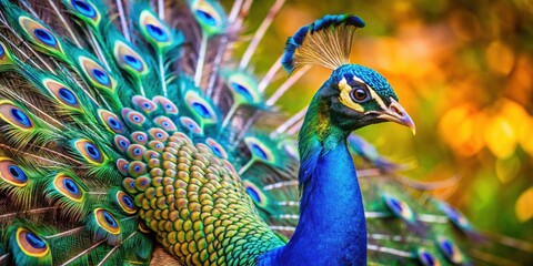 Fototapeta premium Majestic peacock with vibrant spread wings in side profile, peacock, bird, spread wings, colorful, feathers, wildlife, profile