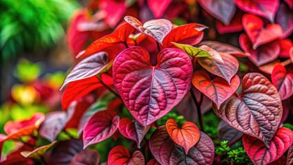 Obraz premium Vibrant red heart-shaped leaves of a rare foliage plant radiate against a soft focus background, evoking warmth and serenity in a subtle yet striking botanical display.