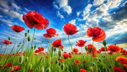 Obraz premium Vibrant red poppy flowers sway gently in a lush green field, their delicate petals unfolding like silk against a bright blue sky with wispy clouds.