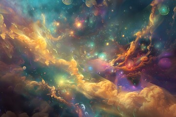 Fototapeta premium Vibrant Cosmic Landscape with Luminous Celestial Orbs and Ethereal Energy Fields