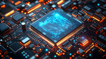 Abstract Circuit Board Background Animation with Glowing Lines and a Blue Chip in the Center